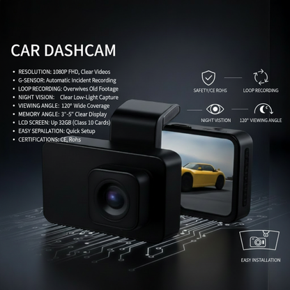 DashCam 1080P – Caméra Voiture Night Vision et Enregistrement en Boucle